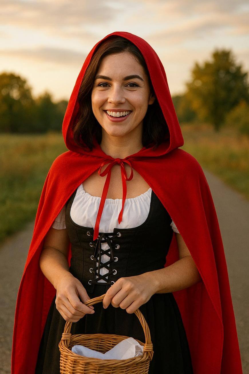 A woman dressed as Little Red Riding Hood smiles while standing outdoors. She wears a red hooded cape, a black corset dress with a white blouse, and holds a wicker basket. Trees and a path are visible in the background.