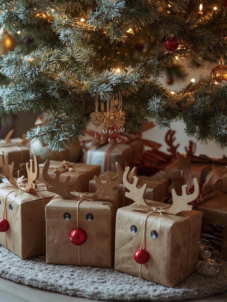 Brown paper-wrapped gifts decorated as reindeer with red noses and antlers sit under a Christmas tree adorned with lights and ornaments. The scene exudes a warm, festive holiday atmosphere.