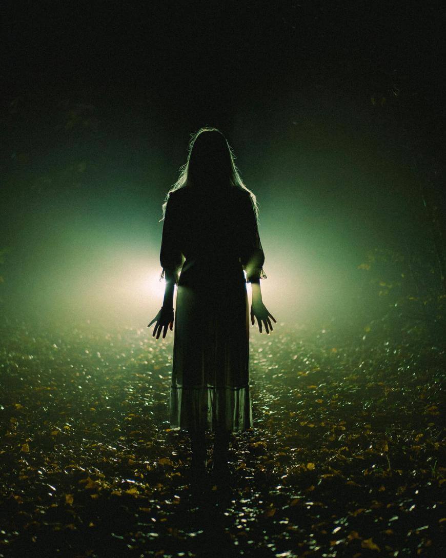 A silhouette of a person in a dress stands on a leaf-covered path at night, illuminated from behind by bright, mysterious light in a foggy, eerie forest.