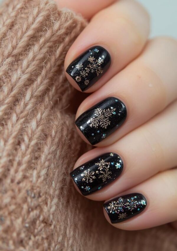 A hand with short, neatly manicured nails painted black, featuring glitter and gold snowflake designs, is shown against a cozy brown knitted sweater.
