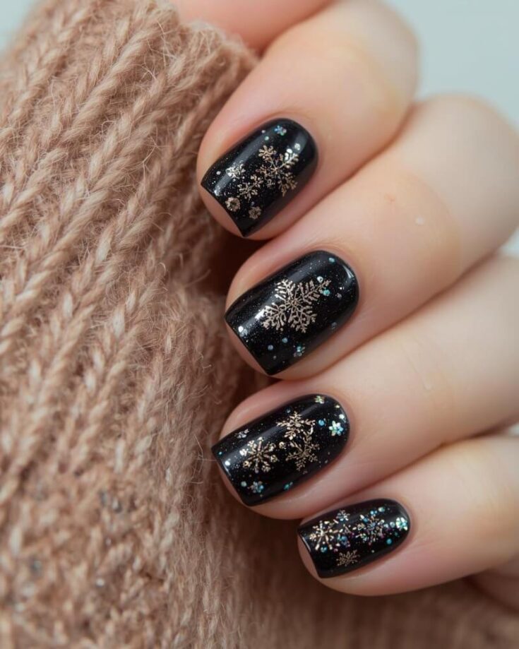A hand with short, neatly manicured nails painted black, featuring glitter and gold snowflake designs, is shown against a cozy brown knitted sweater.