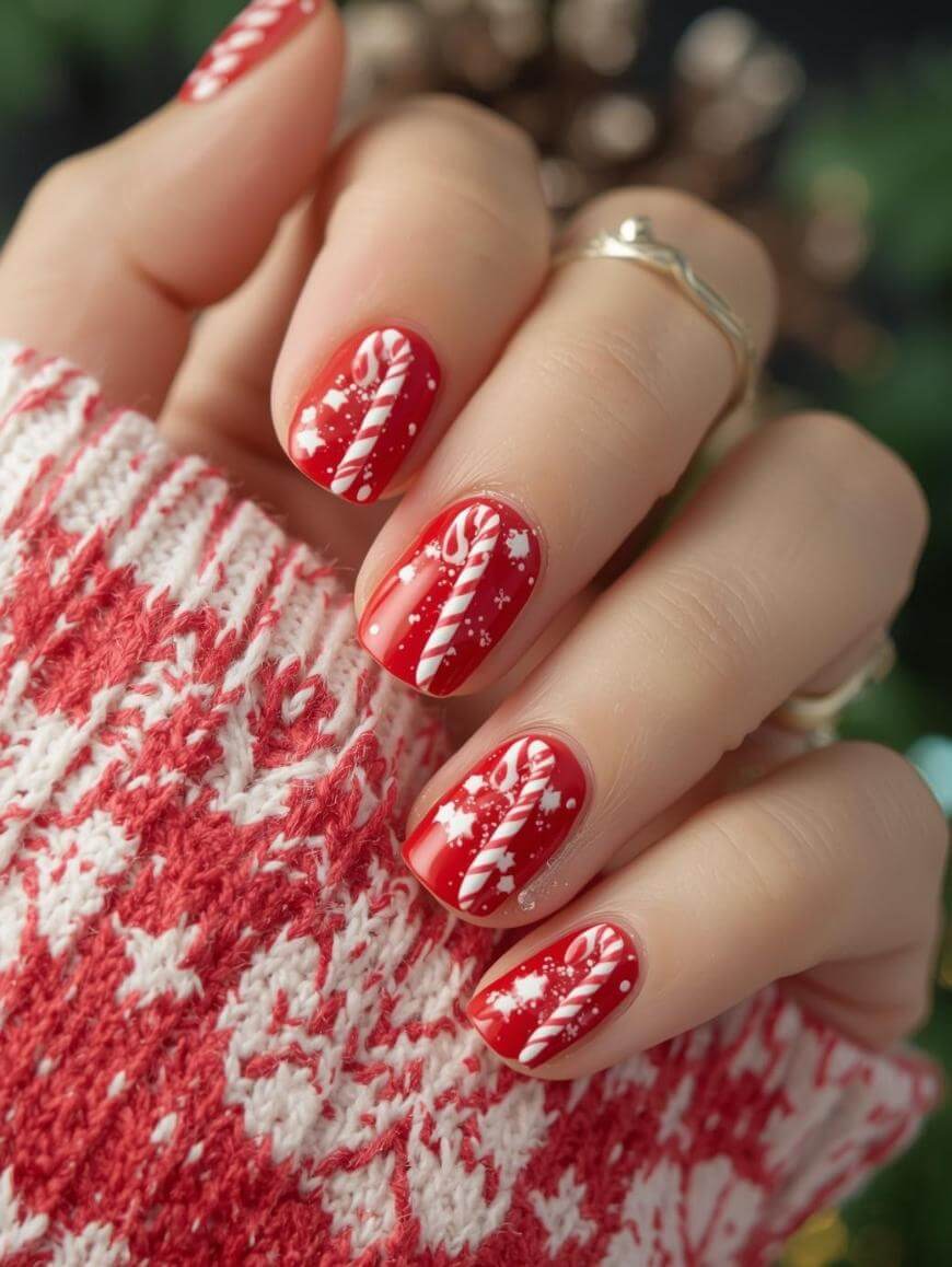 A hand with festive red nails featuring white candy cane and snowflake designs, holding a red and white patterned sweater.