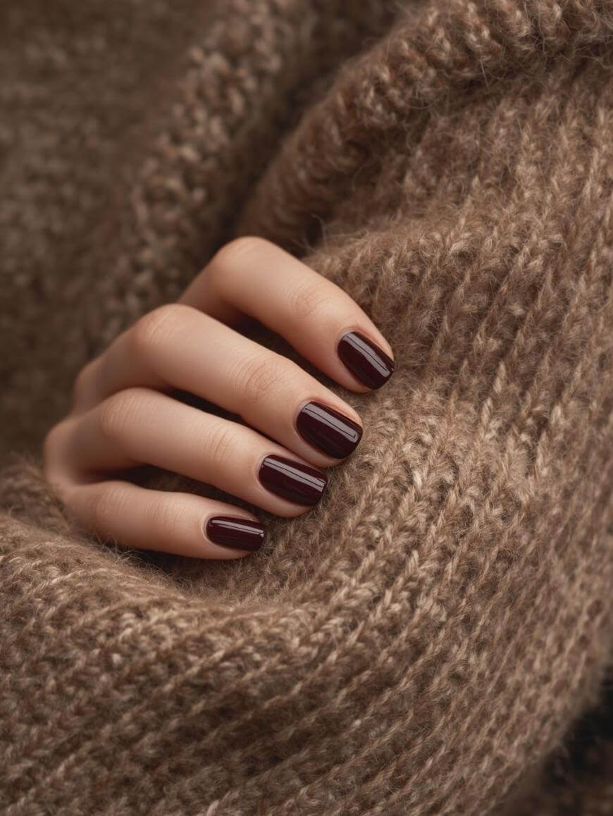 A hand with short, neatly manicured nails painted a dark burgundy color is shown resting on or wrapped in a soft, chunky brown knitted sweater.