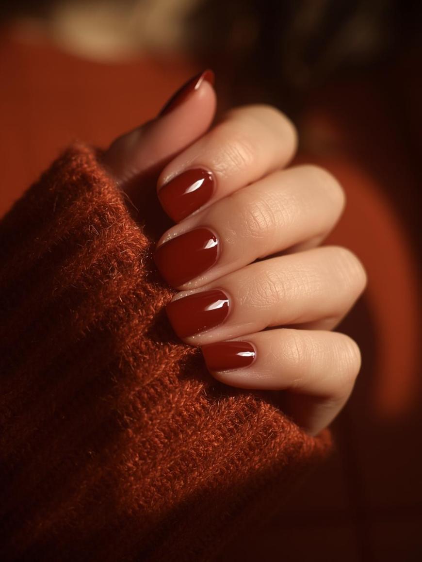 A hand with short, neatly manicured nails painted a glossy dark red, partially covered by the sleeve of a cozy, rust-colored sweater.