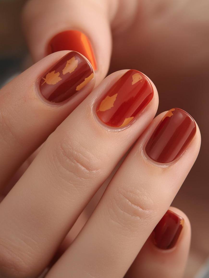 A close-up of a hand with short nails painted in glossy reddish-brown nail polish, showing noticeable chips and peeling on the surface of the polish.