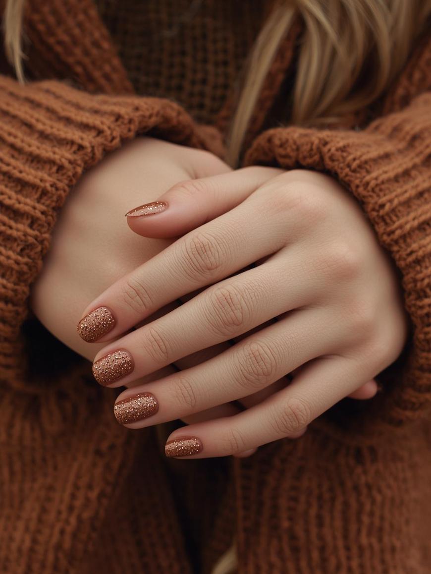 Close-up of hands with brown glittery nail polish, fingers interlaced, wearing a chunky brown knit sweater.
