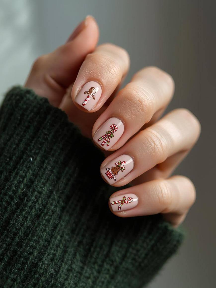 A hand with short, nude-colored nails featuring festive nail art designs, including candy canes, bows, and a gingerbread man. The person is wearing a dark green knitted sweater.