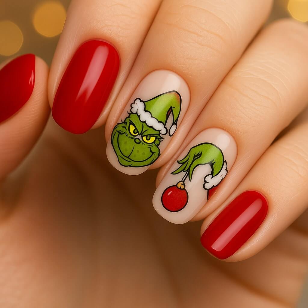 A hand with festive nail art featuring red polish and two accent nails: one with the Grinch’s face in a Santa hat, and the other with the Grinch’s hand holding a red ornament.
