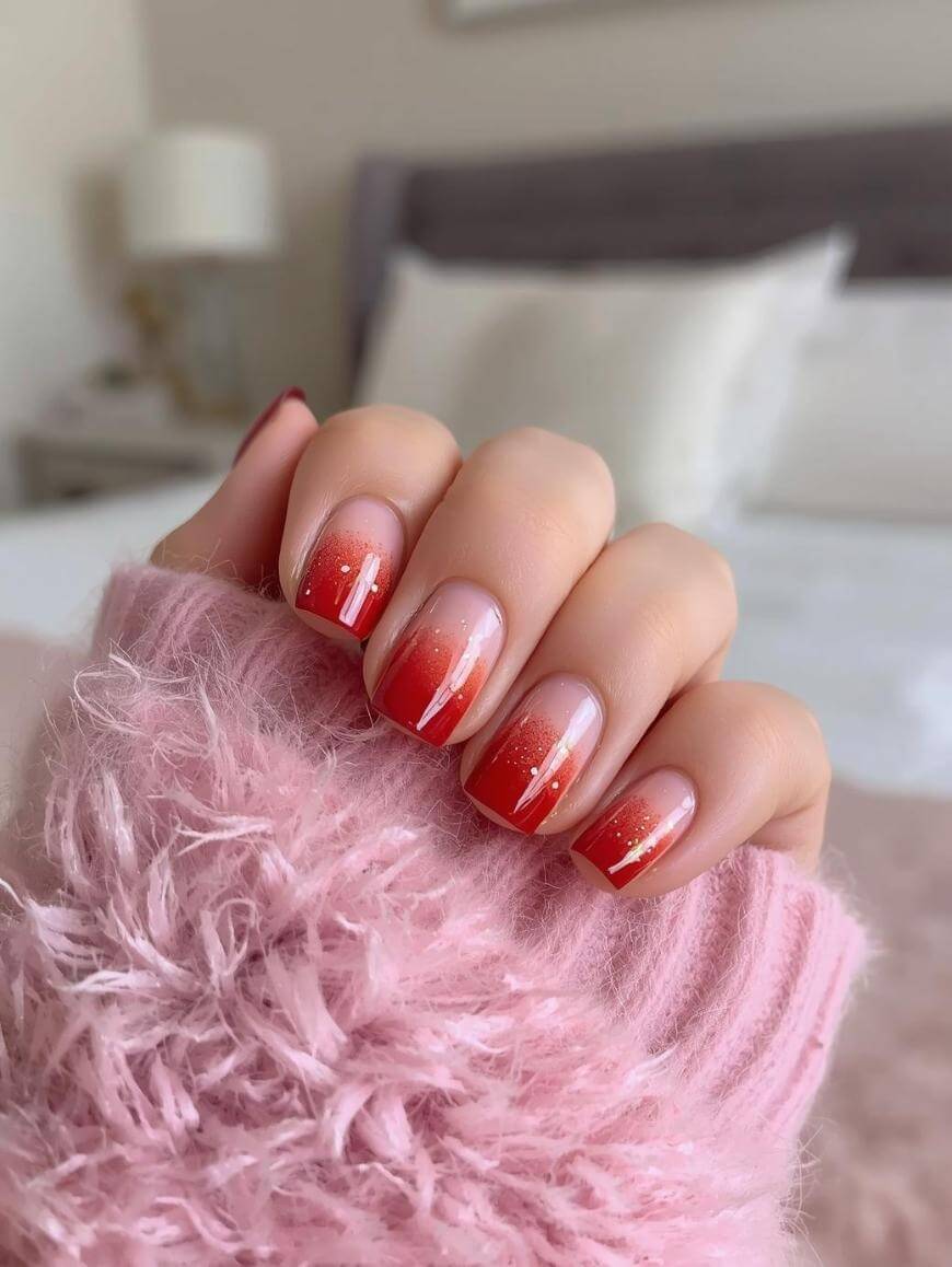 A hand wearing a fluffy pink sweater displays neatly manicured nails with a red ombre design and subtle sparkles. A blurred bedroom with a bed and lamp is in the background.
