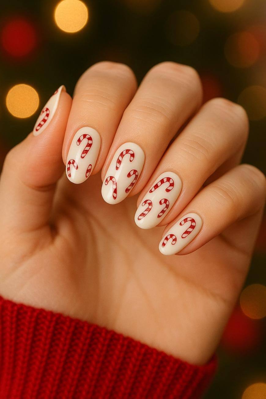 A hand with long, almond-shaped nails painted in a light nude color, each decorated with small red and white candy cane designs. The person is wearing a red sweater, with a blurred festive background.