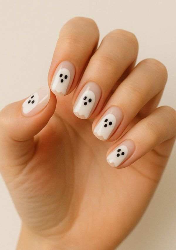 A hand with manicured nails painted with white ghost designs and black eyes on a light background, creating a spooky and playful look.