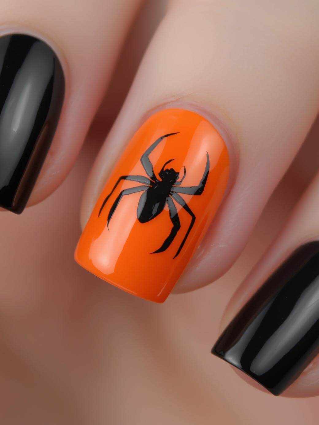 A close-up of fingernails with a Halloween nail design; two black nails and one orange nail featuring a black spider painted on it.