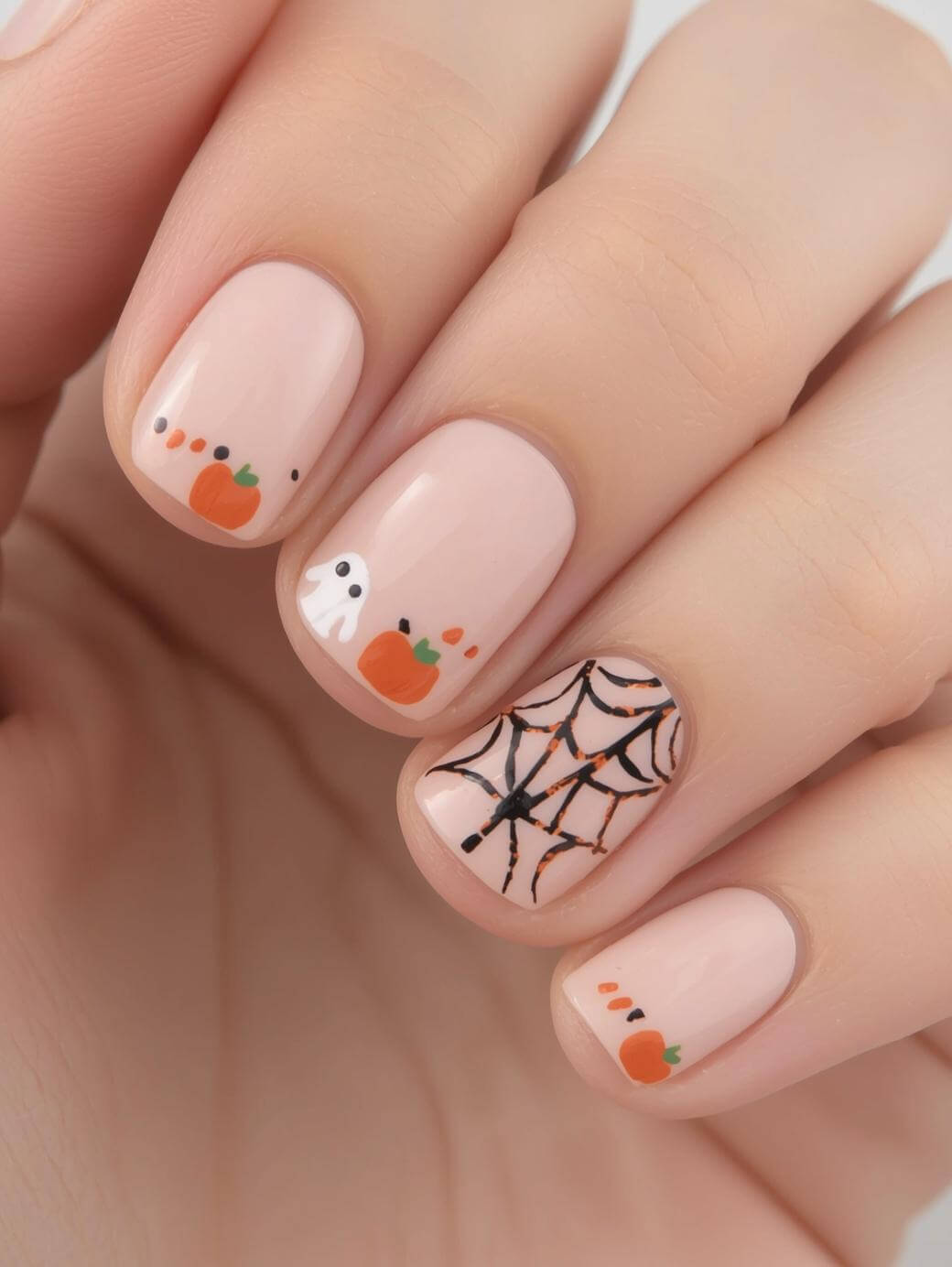 A hand with nude-colored nails featuring Halloween nail art: tiny pumpkins, a cute white ghost, and a black spider web design on the ring finger.