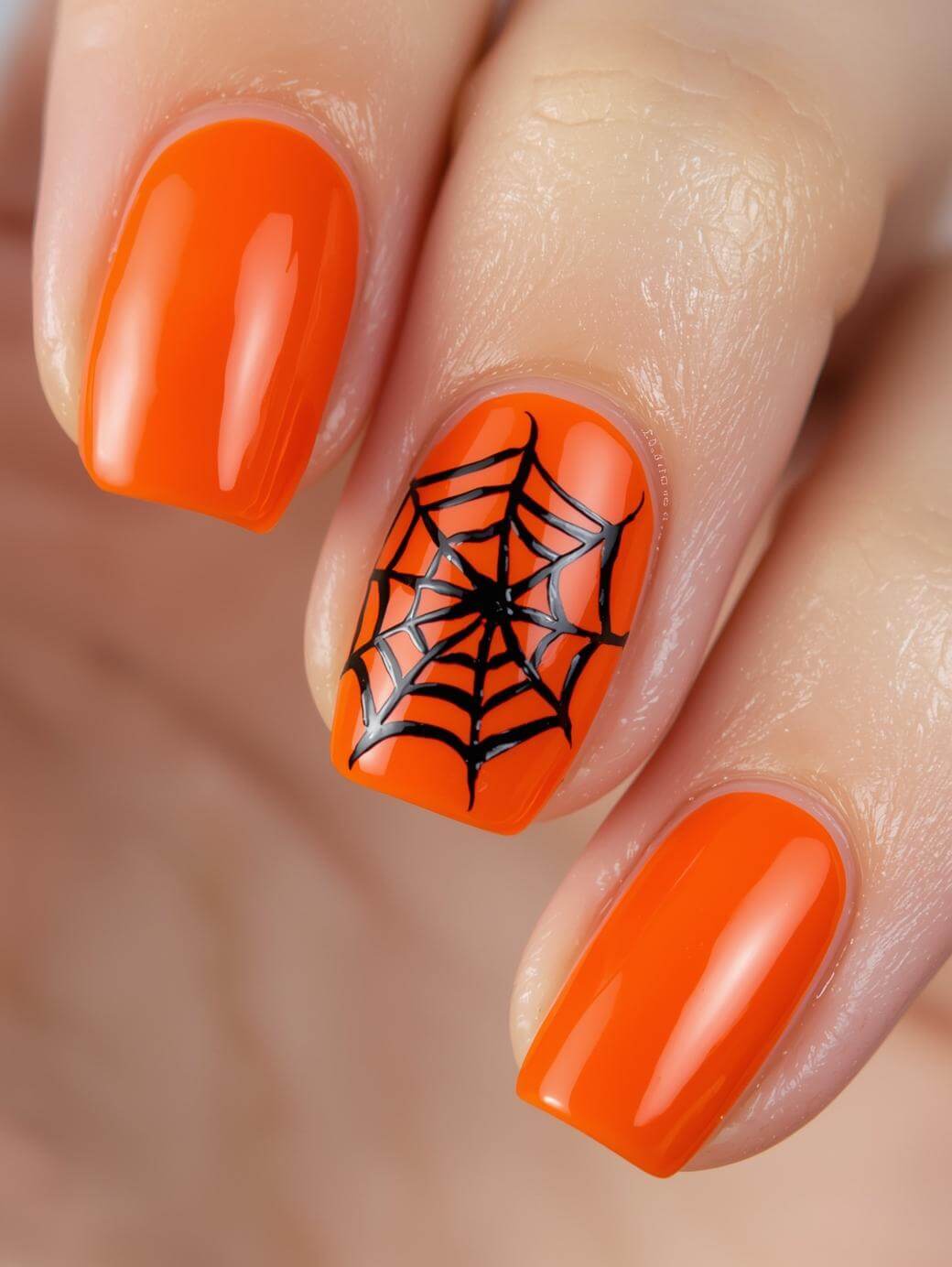 A close-up of a hand with bright orange nail polish; the middle fingernail features a black spiderweb design.