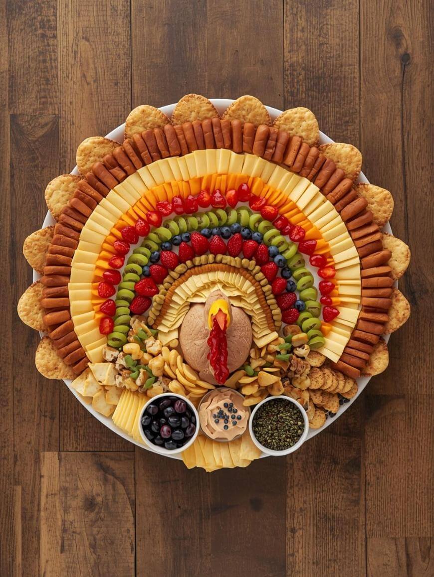 A charcuterie board arranged in the shape of a turkey, featuring layers of cheese, crackers, meats, fruit slices, and snacks, with a dip in the center as the turkey’s body and head. The board sits on a wooden table.