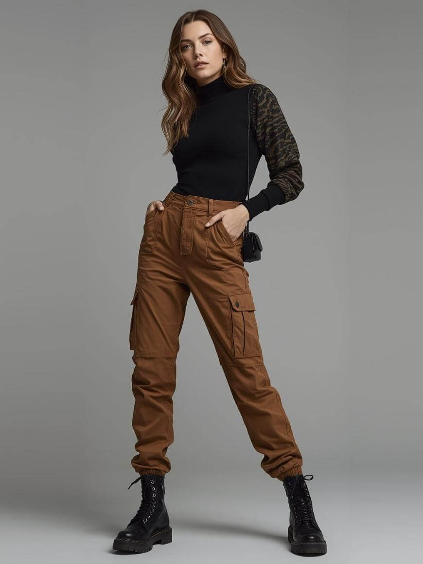 A woman poses confidently in brown cargo pants, a black long-sleeve top with patterned sleeves, and black lace-up boots against a plain gray background. Her hand is in her pocket, and she has loose, wavy hair.