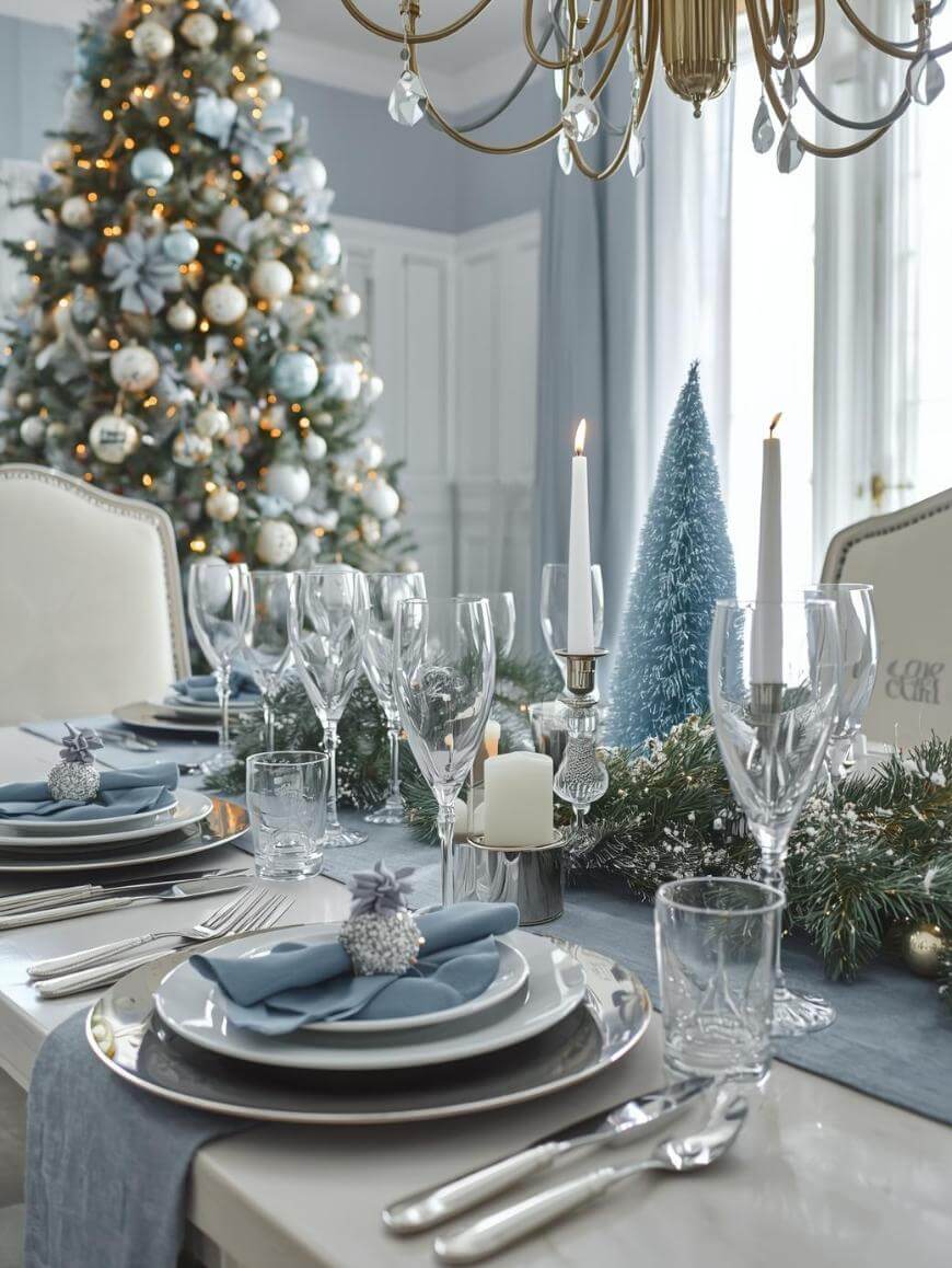 Elegant dining table set for Christmas with silver and blue decor, including napkins with ornaments, glassware, candles, and garland. A decorated Christmas tree and chandelier are visible in the background.