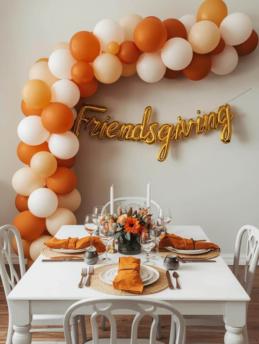 A white table set for four with orange napkins, autumn-themed centerpiece, and candles. Behind, an arch of orange and cream balloons and a gold Friendsgiving balloon sign decorate the wall.