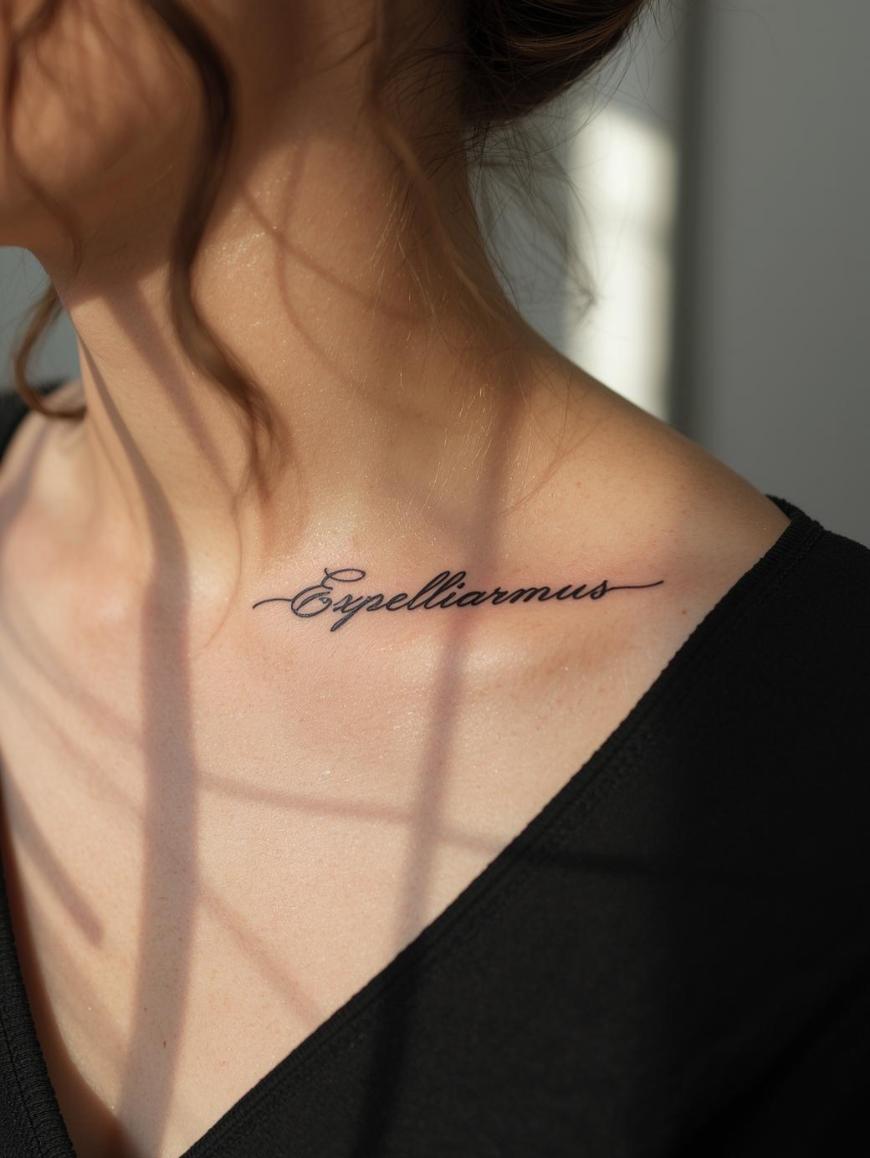 A close-up of a person’s collarbone with the word “Expelliarmus” tattooed in elegant cursive script. The person is wearing a black top and has loose hair strands near the neck.
