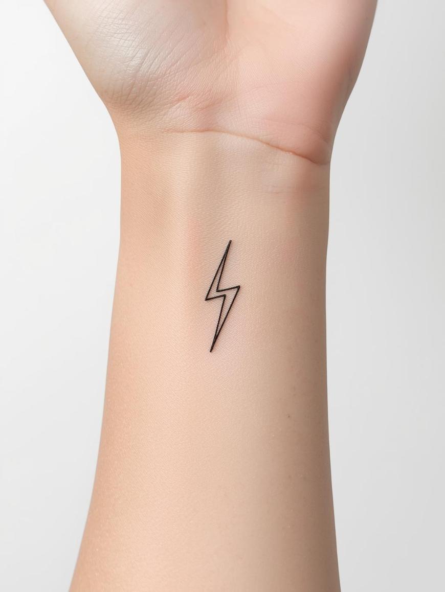 A simple black lightning bolt tattoo is inked on the inner wrist of a light-skinned person, shown against a plain light background.