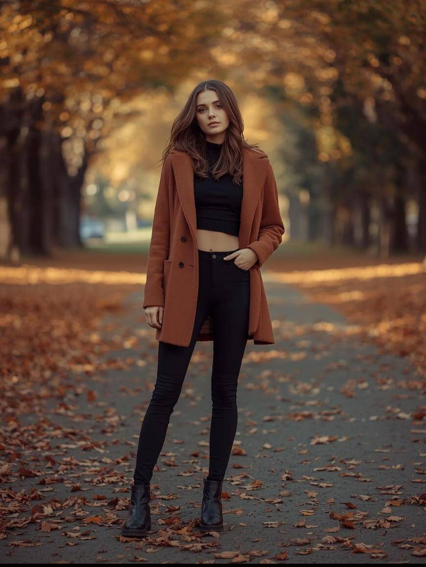 A woman stands on a tree-lined path covered with autumn leaves, wearing a rust-colored coat, black crop top, black pants, and ankle boots. The background is softly blurred with fall foliage.