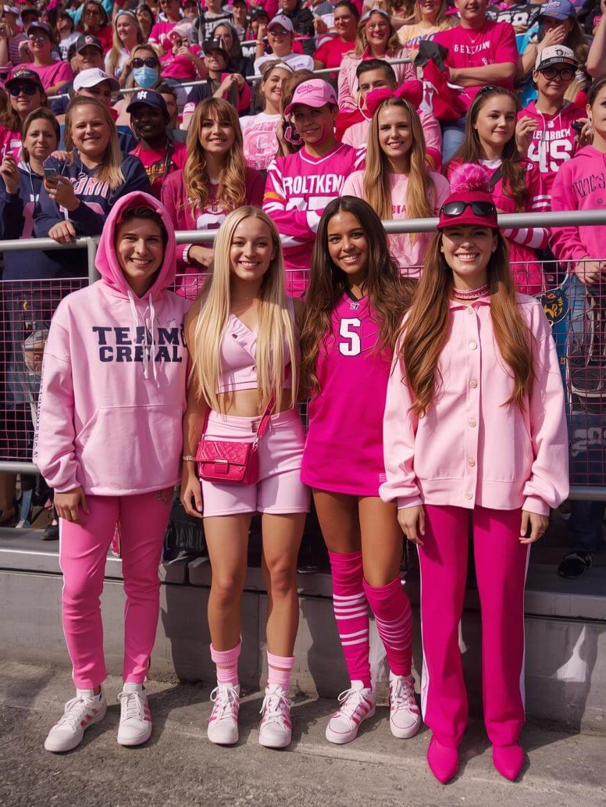 A group of four women dressed in various shades of pink stand and smile at a sports event, surrounded by a large crowd, many of whom are also wearing pink clothing.