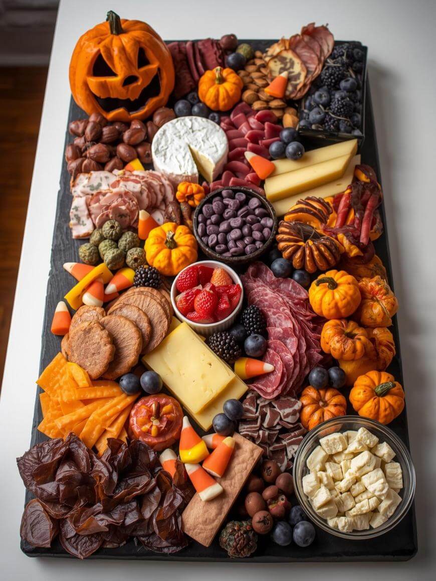 A Halloween-themed charcuterie board with assorted cheeses, meats, crackers, fruits, candy corn, mini pumpkins, and a carved jack-o’-lantern, all arranged on a black rectangular tray.