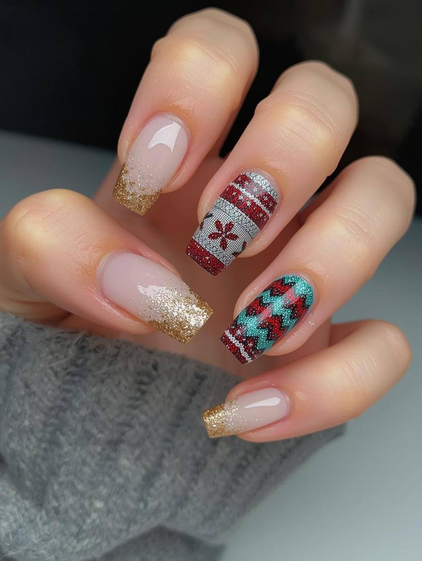 A hand with long, manicured nails featuring gold glitter French tips and two accent nails: one with a red and gray sweater pattern and the other with a red and teal zigzag design. The person wears a gray sweater.