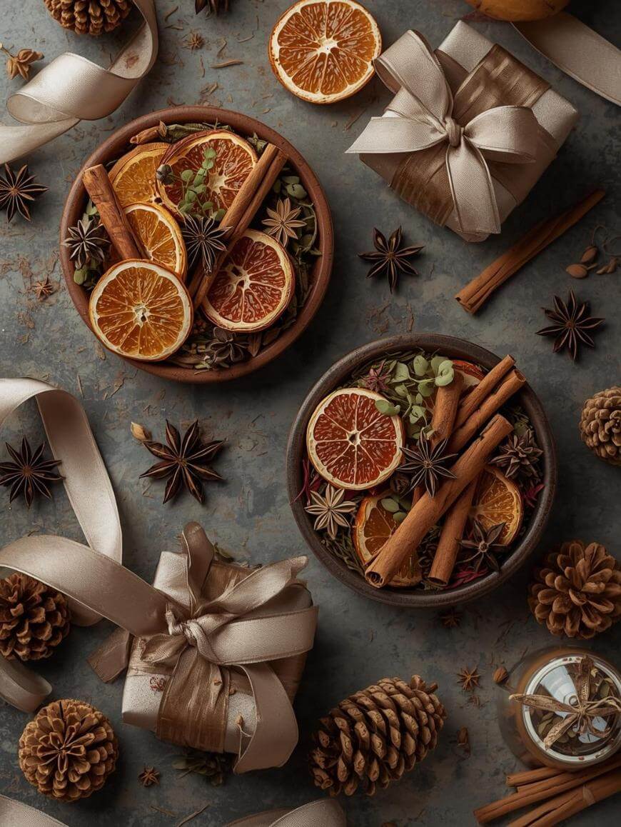Flat lay of two bowls with dried orange slices, cinnamon sticks, star anise, and herbs, surrounded by pinecones, ribbon-wrapped gifts, and scattered spices on a gray surface. Festive and rustic holiday theme.
