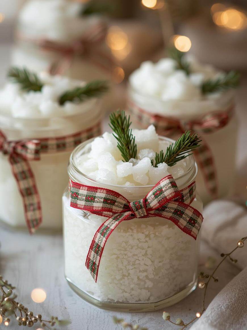 Three glass jars filled with white bath salts, topped with chunks of solid white material and small pine sprigs. Each jar is decorated with a red and green plaid ribbon, sitting on a light surface with soft, warm lighting.