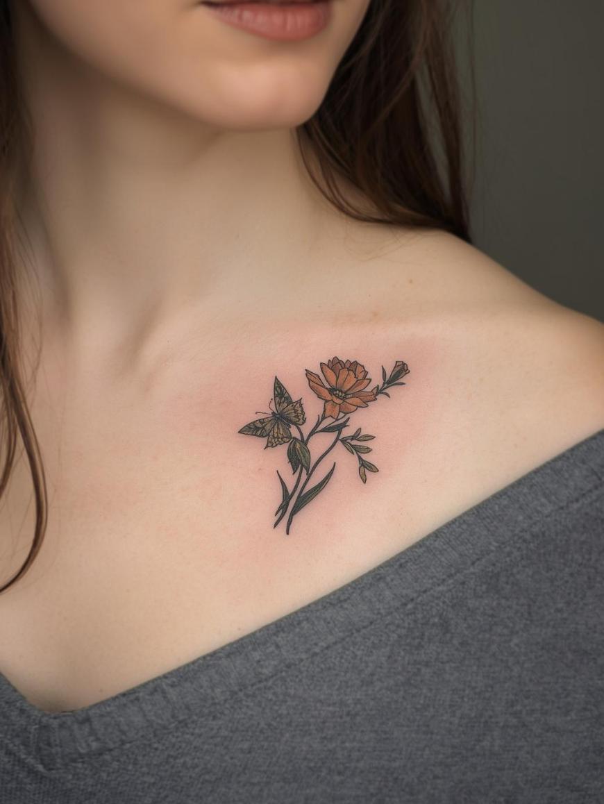 A woman with long brown hair and a gray top has a delicate floral tattoo with leaves and a blooming flower on her left collarbone.