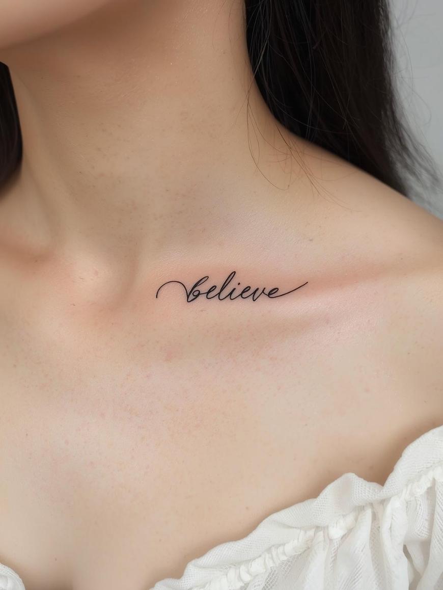 A person with long dark hair has the word believe tattooed in elegant script above their collarbone. They are wearing an off-the-shoulder white top.
