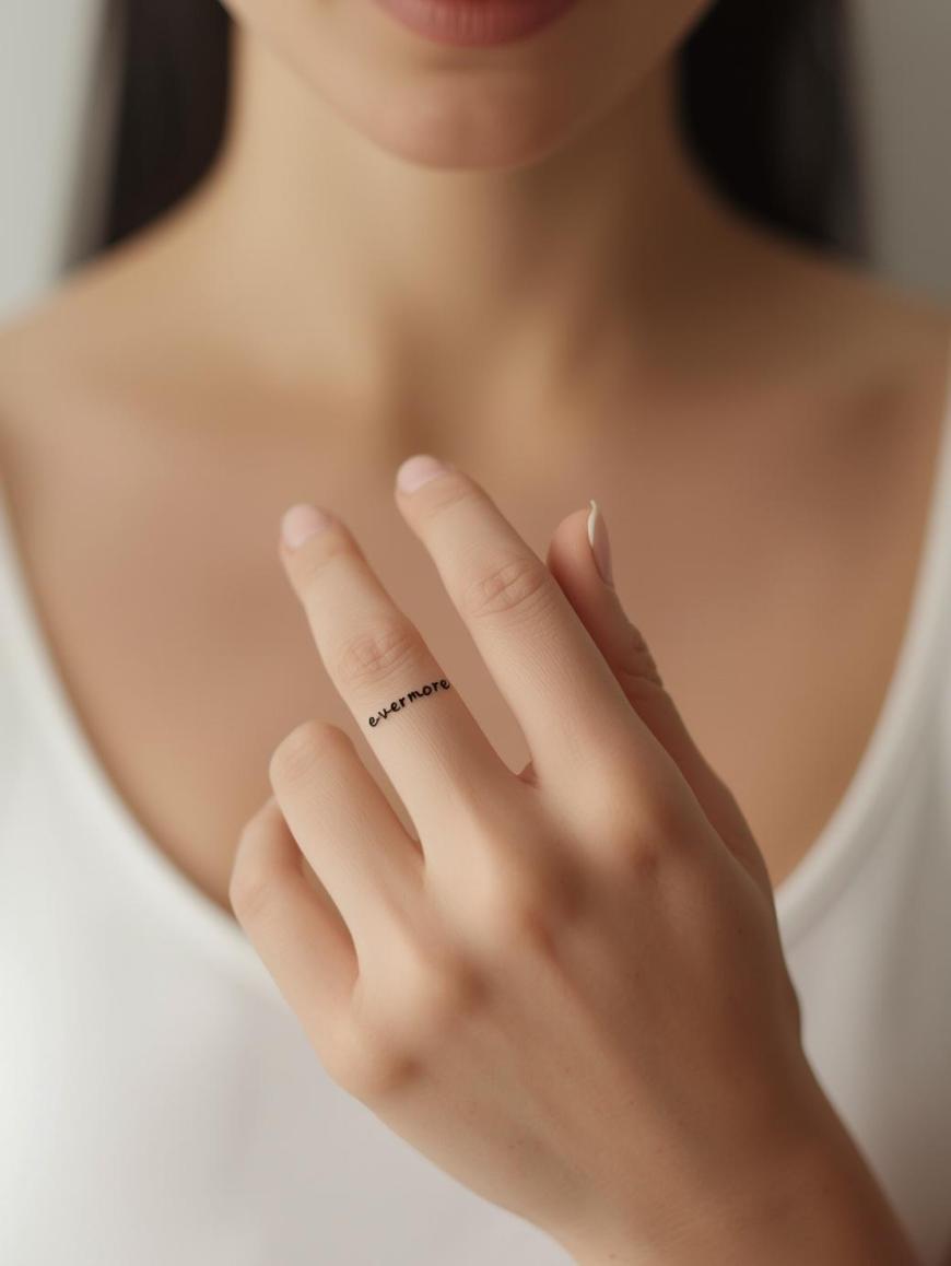 Close-up of a woman wearing a thin ring with the engraved text CARPE NOCTEM on her middle finger, her hand gently touching her face, and she is dressed in a white top.
