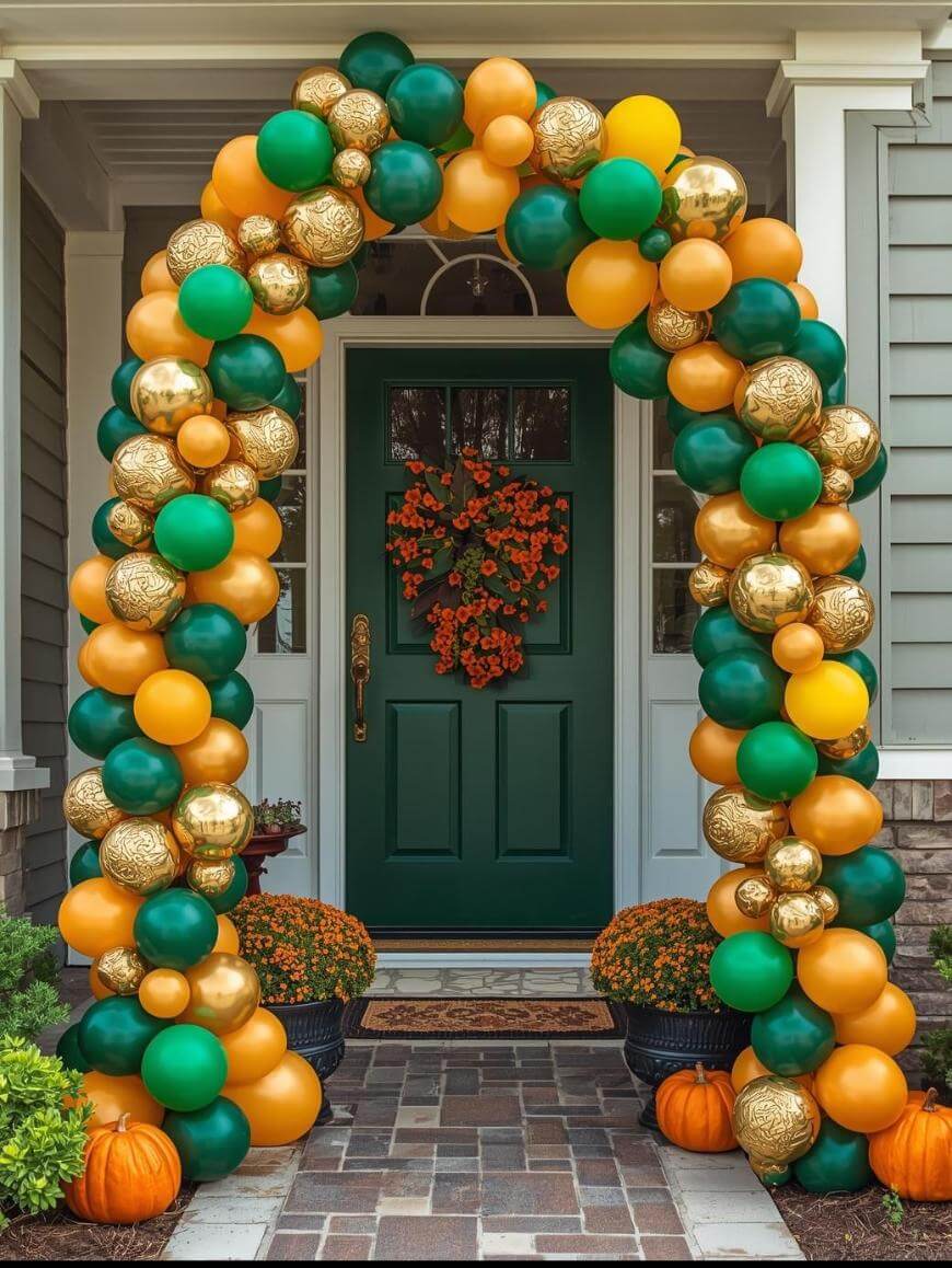 A front porch decorated with a green door, an archway of green, gold, and orange balloons, orange flowers on the door, potted orange chrysanthemums, and pumpkins on either side of the entrance.