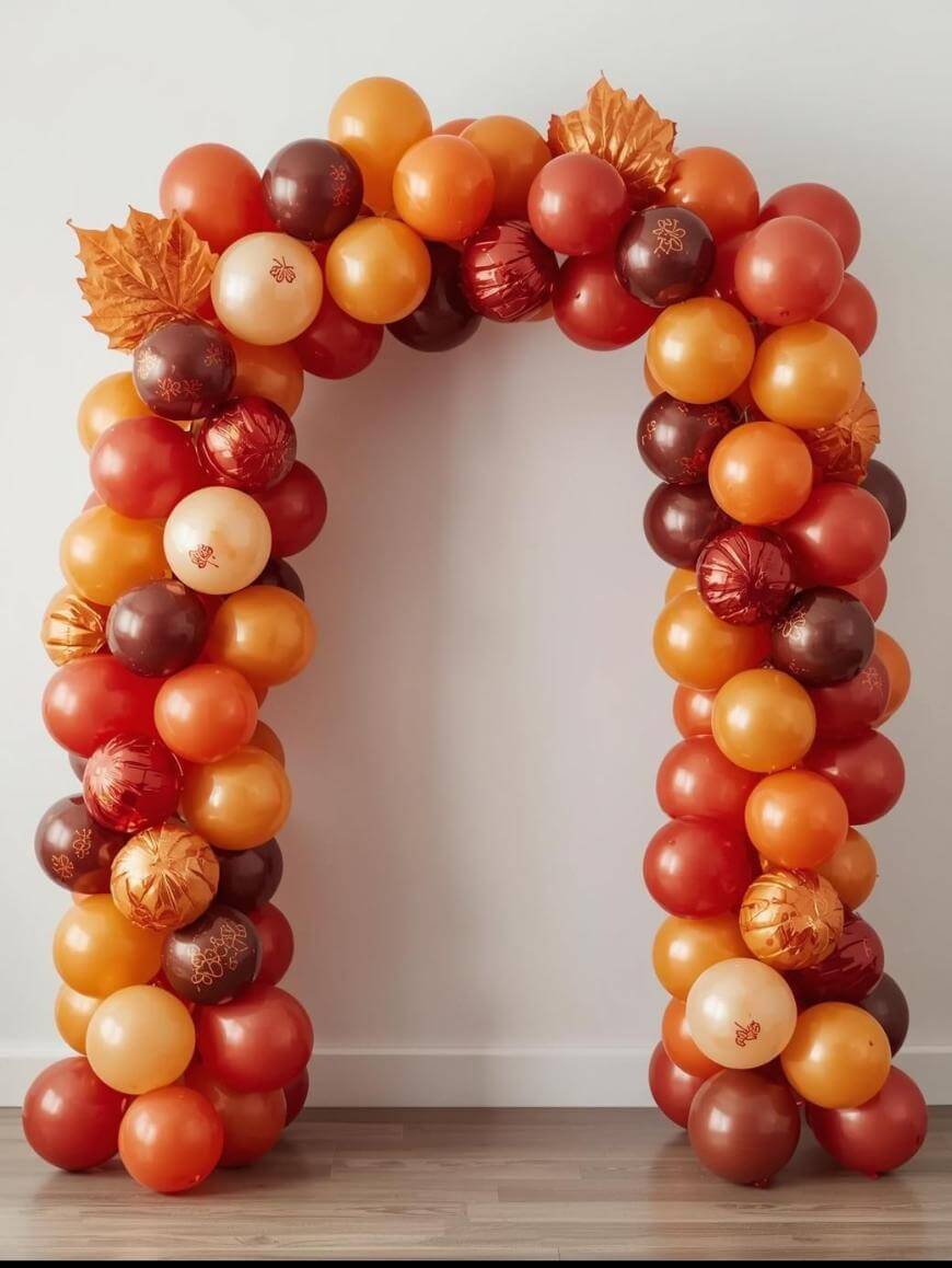 An arch made of red, orange, and brown balloons stands against a white wall, decorated with artificial autumn leaves and leaf-patterned balloons, evoking a festive fall or Thanksgiving theme.