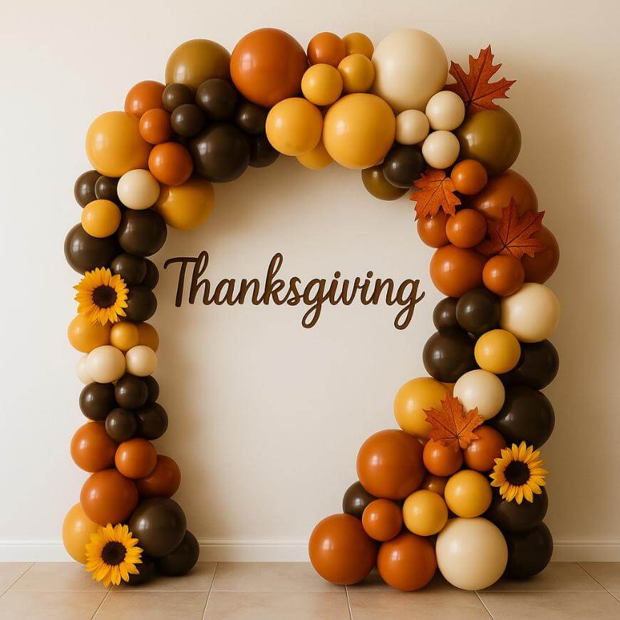 An arch made of orange, yellow, brown, and cream balloons is decorated with sunflowers and autumn leaves, framing the word “Thanksgiving” written on a wall.