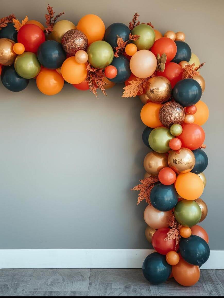 A balloon arch in autumn colors—orange, gold, green, and dark teal—decorated with artificial fall leaves stands against a light gray wall on a wood floor.