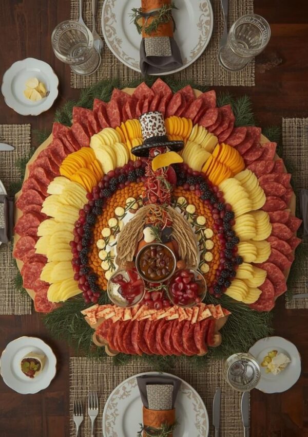 A charcuterie board arranged as a colorful turkey with meats, cheeses, fruits, and nuts, surrounded by four place settings on a dark wooden table set for a festive meal.
