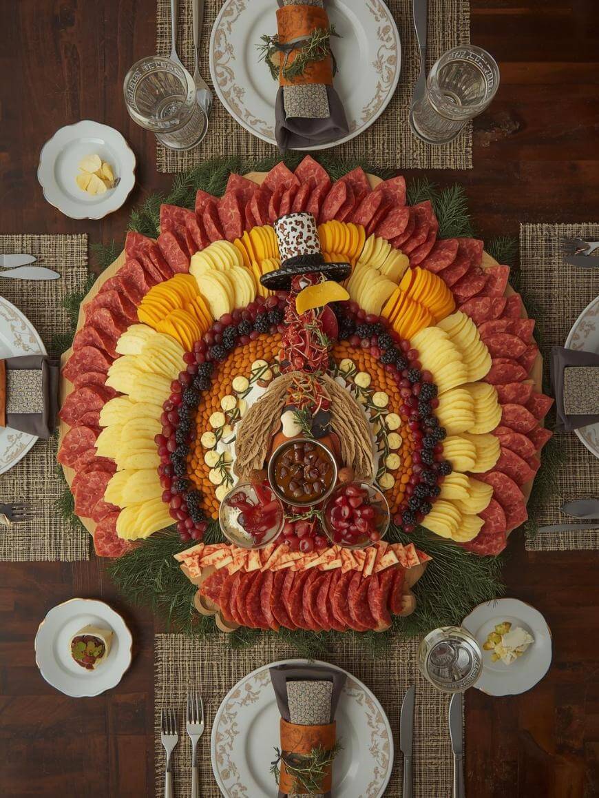 A charcuterie board arranged in a turkey shape with meats, cheeses, fruit, and nuts, surrounded by table settings with plates, glasses, and napkins, creating a festive Thanksgiving table display.