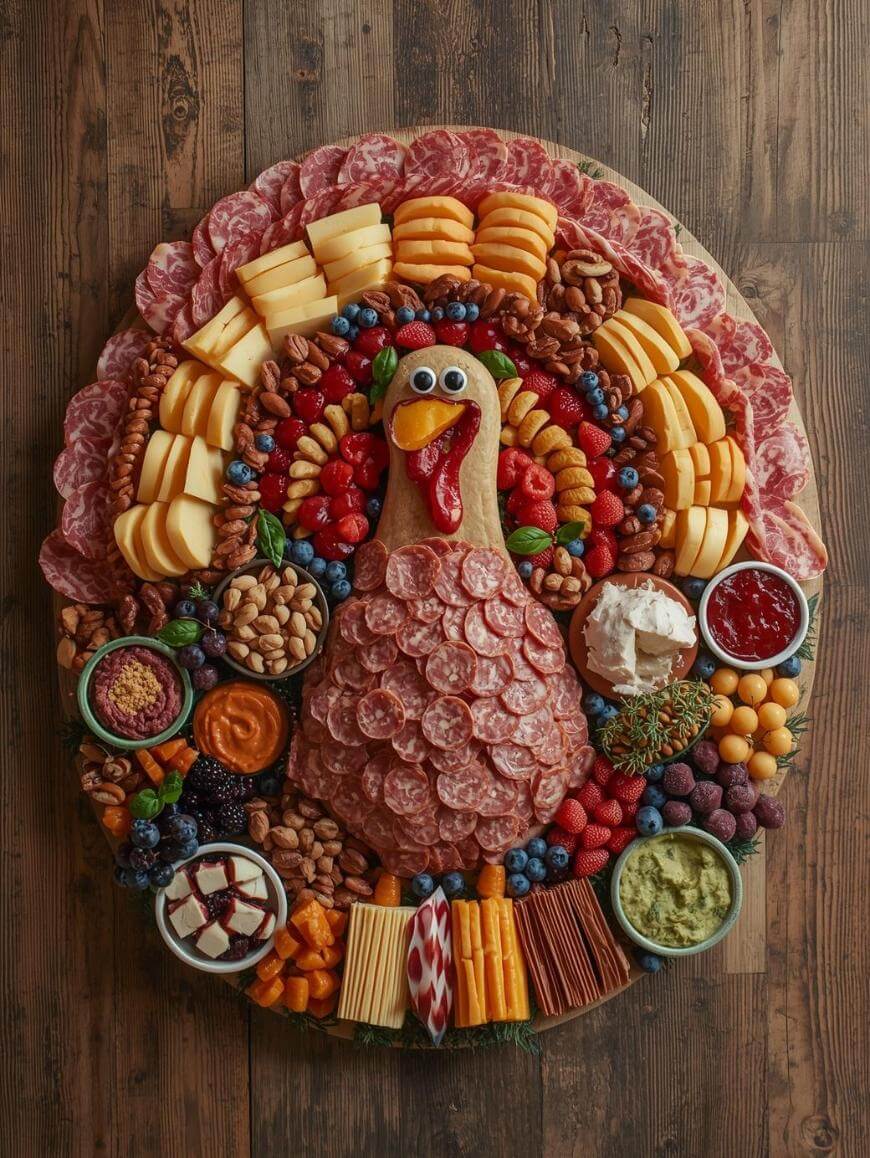A charcuterie board arranged in the shape of a turkey, with meats, cheeses, nuts, fruits, crackers, dips, and spreads forming colorful feathers, on a rustic wooden table.