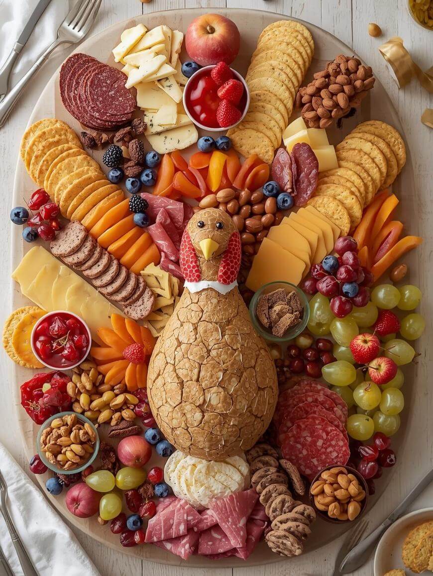 A charcuterie board arranged to look like a turkey, with a large bread loaf as the body, meat and cheese for feathers, crackers, fruit, nuts, and small bowls of snacks, all displayed on a round wooden platter.