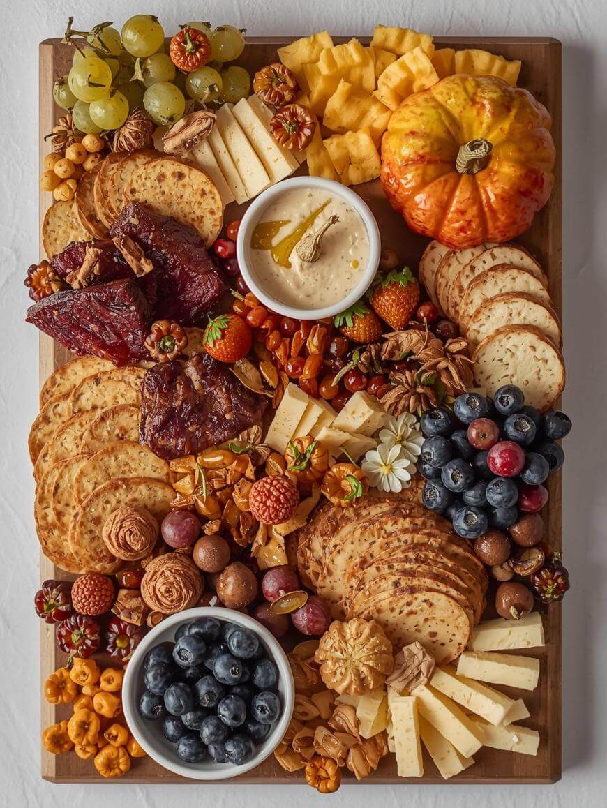 A wooden board with assorted crackers, cheeses, fresh fruits including grapes, pineapple, strawberries, and blueberries, nuts, dips in bowls, dried fruits, and a small decorative pumpkin.