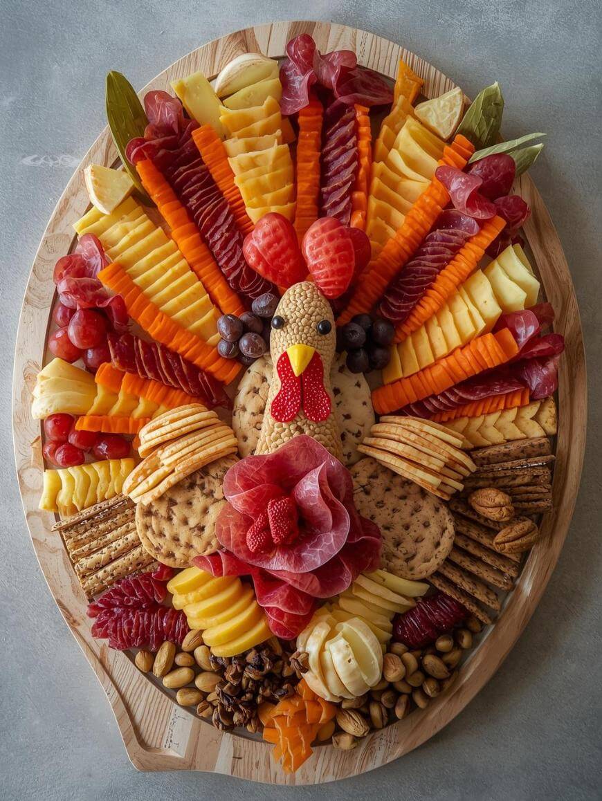 A charcuterie board arranged to look like a turkey, with meats, cheeses, crackers, nuts, fruit, and vegetables forming colorful feathers, a body, and a head on a wooden tray.