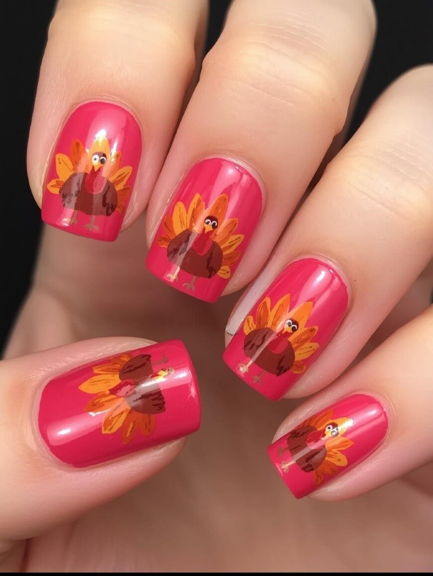 A hand with pink nail polish features cute turkey designs on each nail, with brown bodies and colorful feathers in orange, yellow, and red tones. The nails are medium length and neatly manicured.