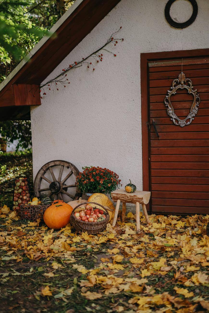 A rustic autumn scene outside a shed with a wooden door, pumpkins, baskets of apples, a wooden wheel, a stool, a potted orange chrysanthemum, and yellow leaves scattered on the ground.