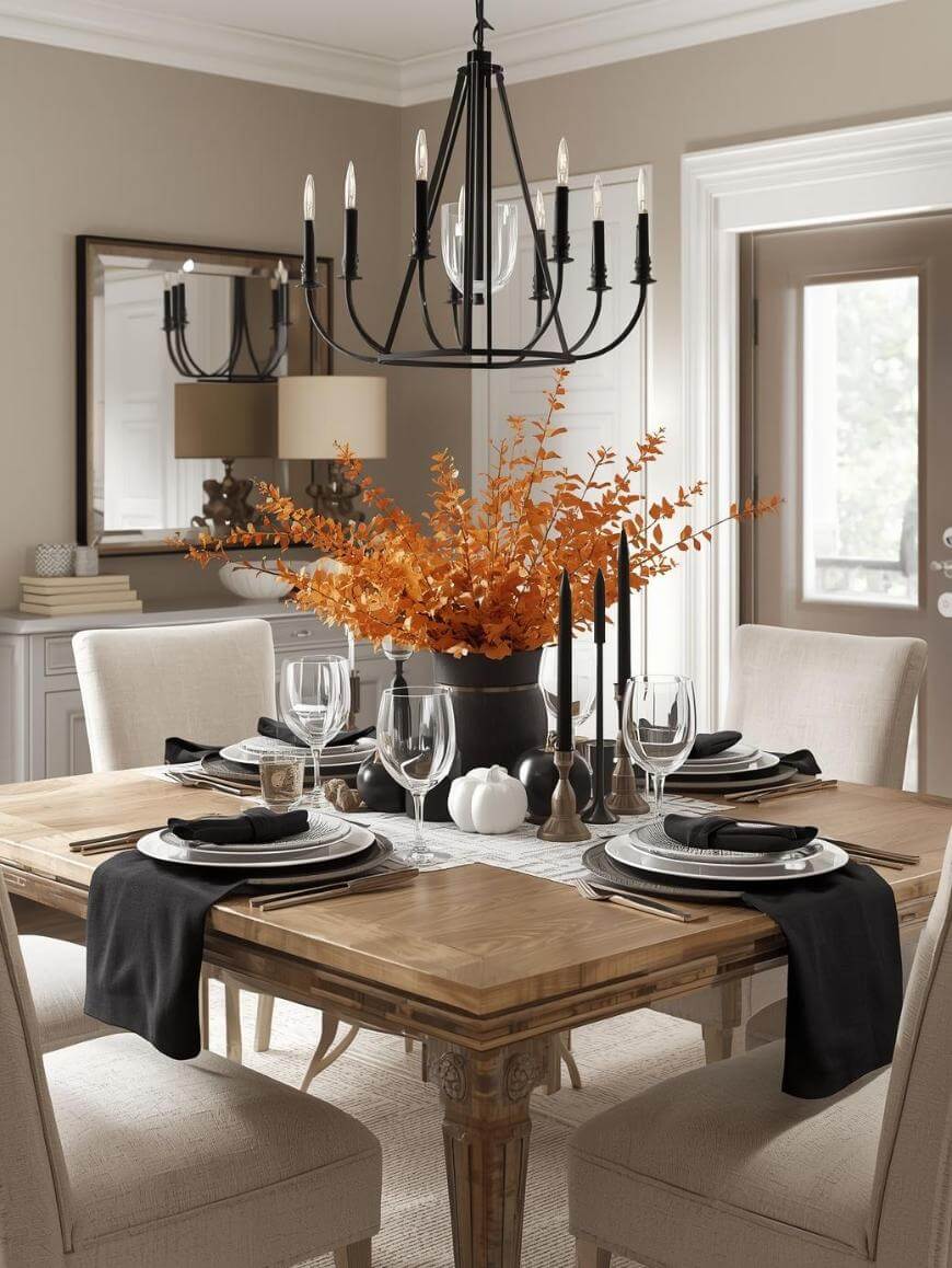 A dining room table set for four with black napkins, black candles, elegant glassware, and a centerpiece of orange autumn branches. Beige upholstered chairs and a black chandelier complete the cozy, neutral-toned decor.