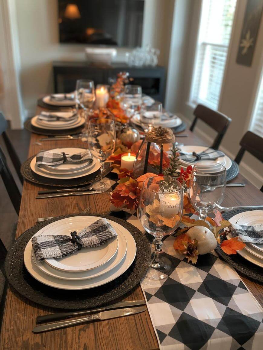 A dining table set for a fall gathering with plaid napkins, white plates, autumn leaves, pumpkins, candles, and glassware. Warm sunlight comes through the windows, creating a cozy atmosphere.