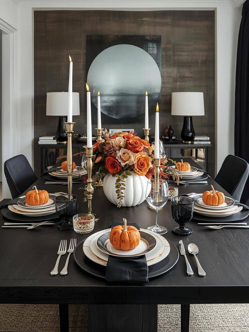 A modern dining table set for six with black and white dishes, black napkins, small pumpkins on each plate, and a white pumpkin centerpiece with orange flowers. Tall candles and elegant glassware complete the autumn-themed decor.