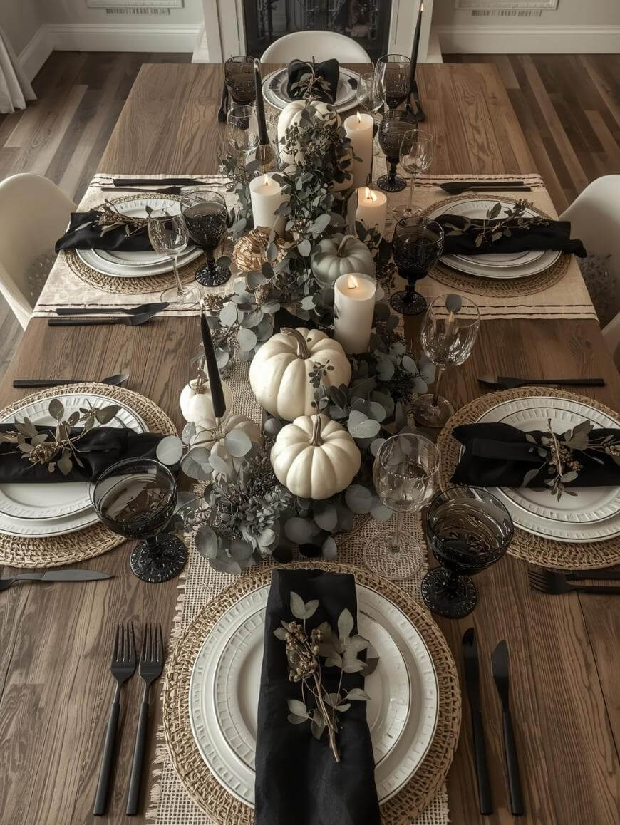 Elegant dining table set for a formal meal, decorated with white pumpkins, candles, and greenery. Black napkins and glassware contrast with neutral plates and woven placemats, creating a sophisticated autumn atmosphere.