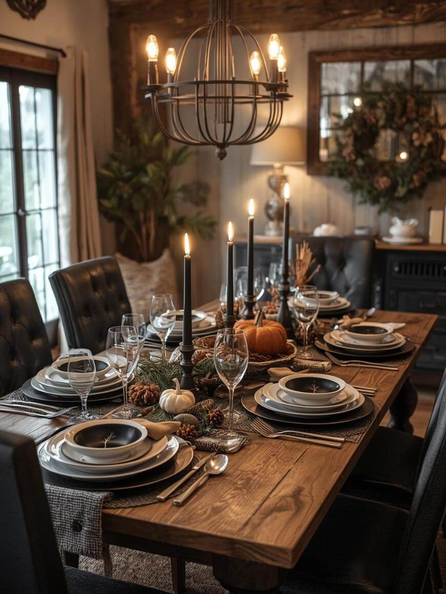 A rustic dining table set for a formal meal features black candles, pumpkins, pinecones, and autumn decor. Elegant plates and glasses are arranged, and a chandelier hangs above, creating a cozy, festive atmosphere.